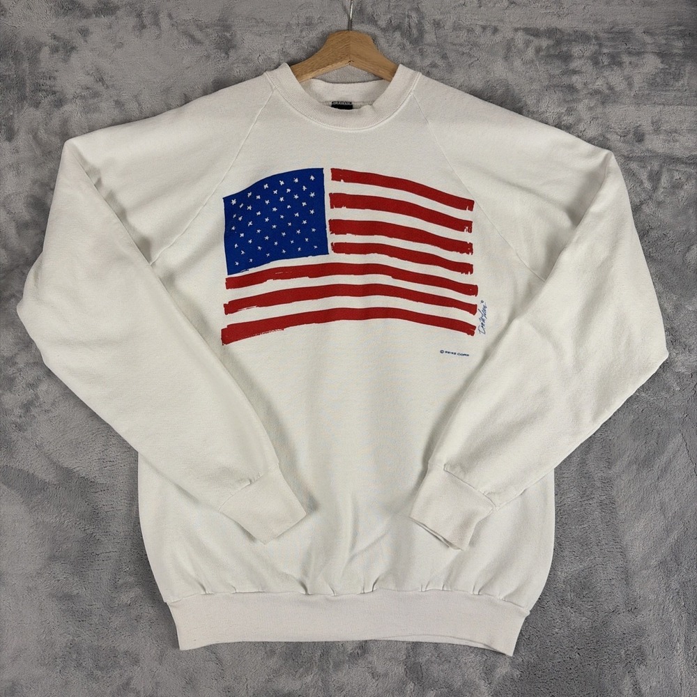 Vintage Screen Stars American Flag Size XL White Crewneck Sweatshirt 1990